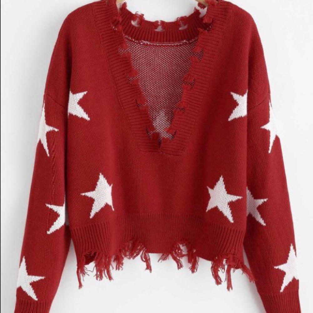 ZAFUL Cropped Frayed Stars Sweater - Red